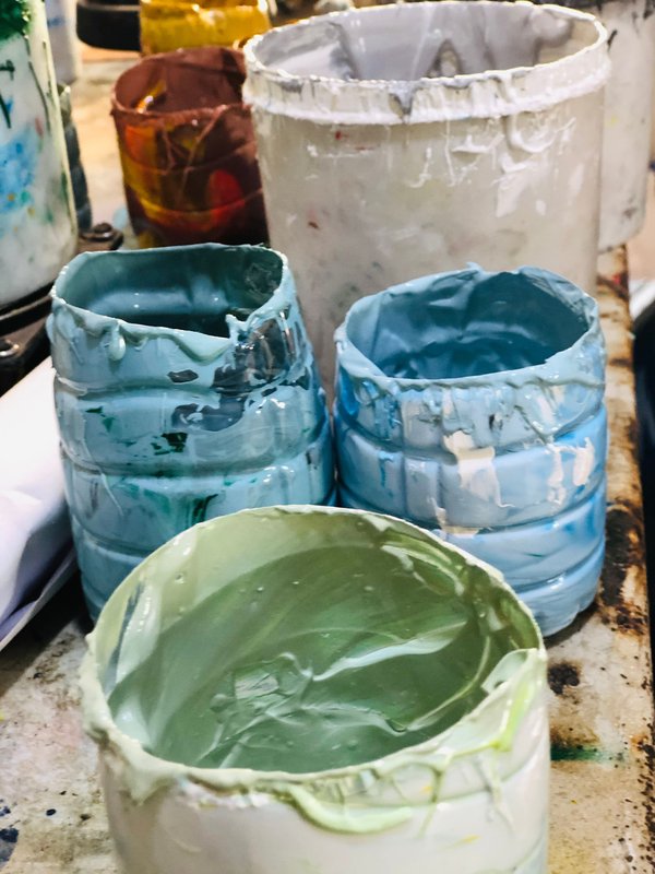 Paint Covered Buckets In Studio — abstract wallpaper, 4K
